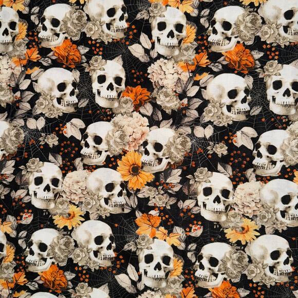 Skulls, Spider Webs & Fall Floral Cotton Fabric - 1/2 Yard - Halloween, Harvest - Picture 1 of 5